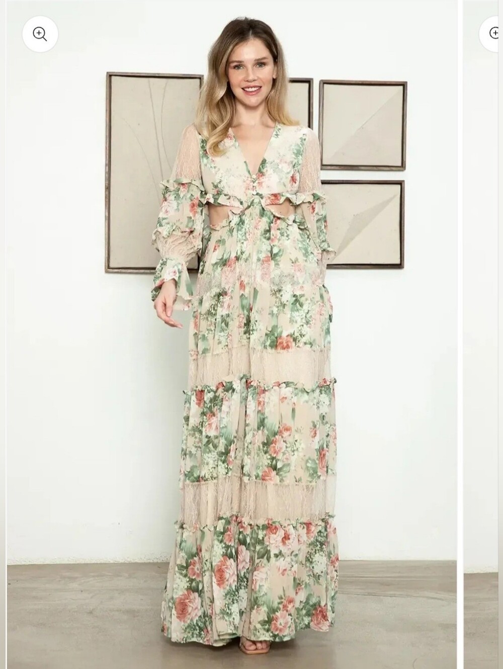 Rosevelvet Cut-out Floral Sheer Ruffle Lace Tiered Maxi Dress in Cream - Size: M